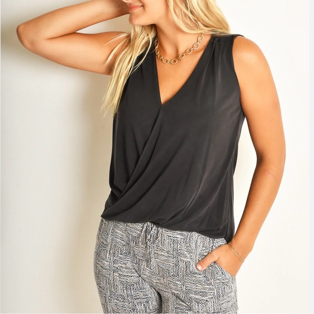 WAYF black sheer surplice high low sleeveless blouse
